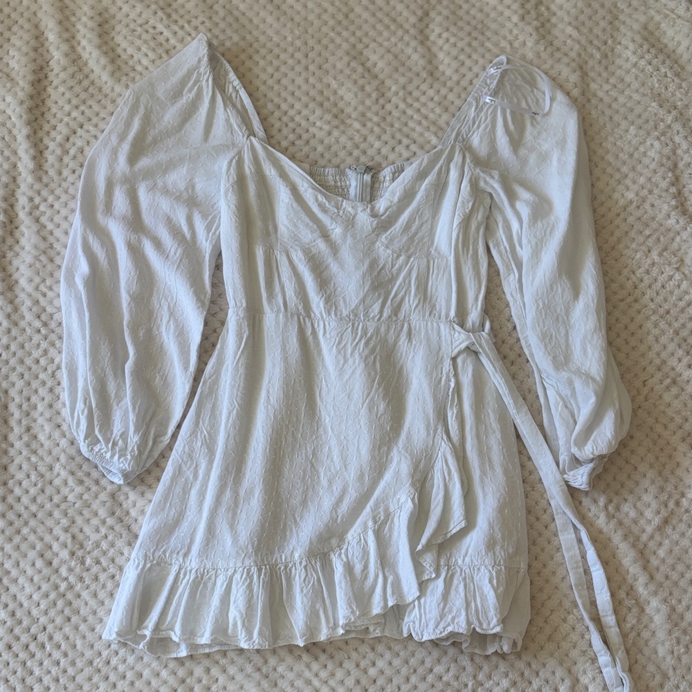 Lulu's White Puff Sleeve Wrap Mini Dress